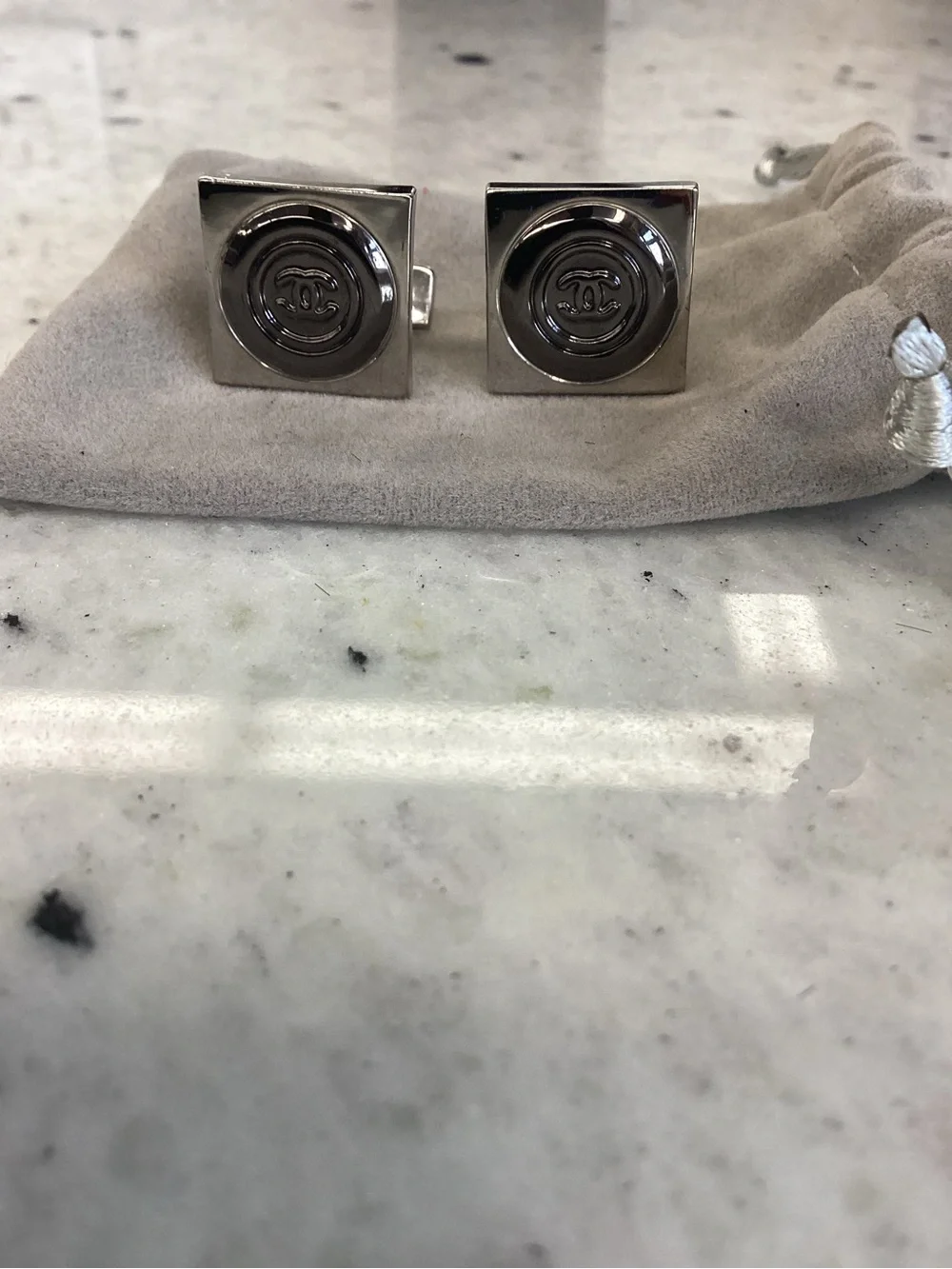 CHANEL Silver-Tone Square Double-C Logo Cufflinks